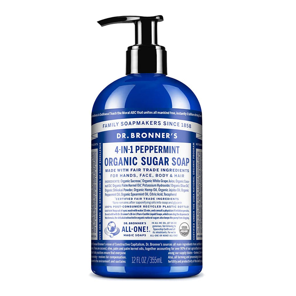 Dr Bronner's Jabón de azúcar orgánico de menta en botella para manos y piel