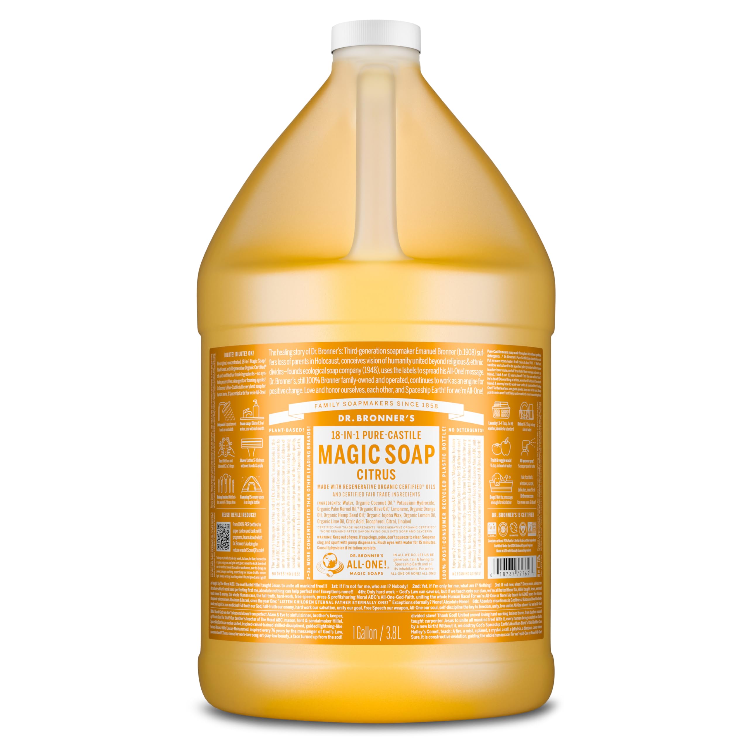 Dr. Bronner's Jabon Castile cítrico en botella de 1 galón con espuma suave para la piel