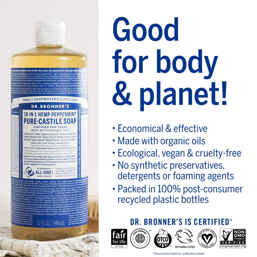 Dr. Bronner's Jabón de Castilla Menta limpia pisos y superficies ecológicamente
