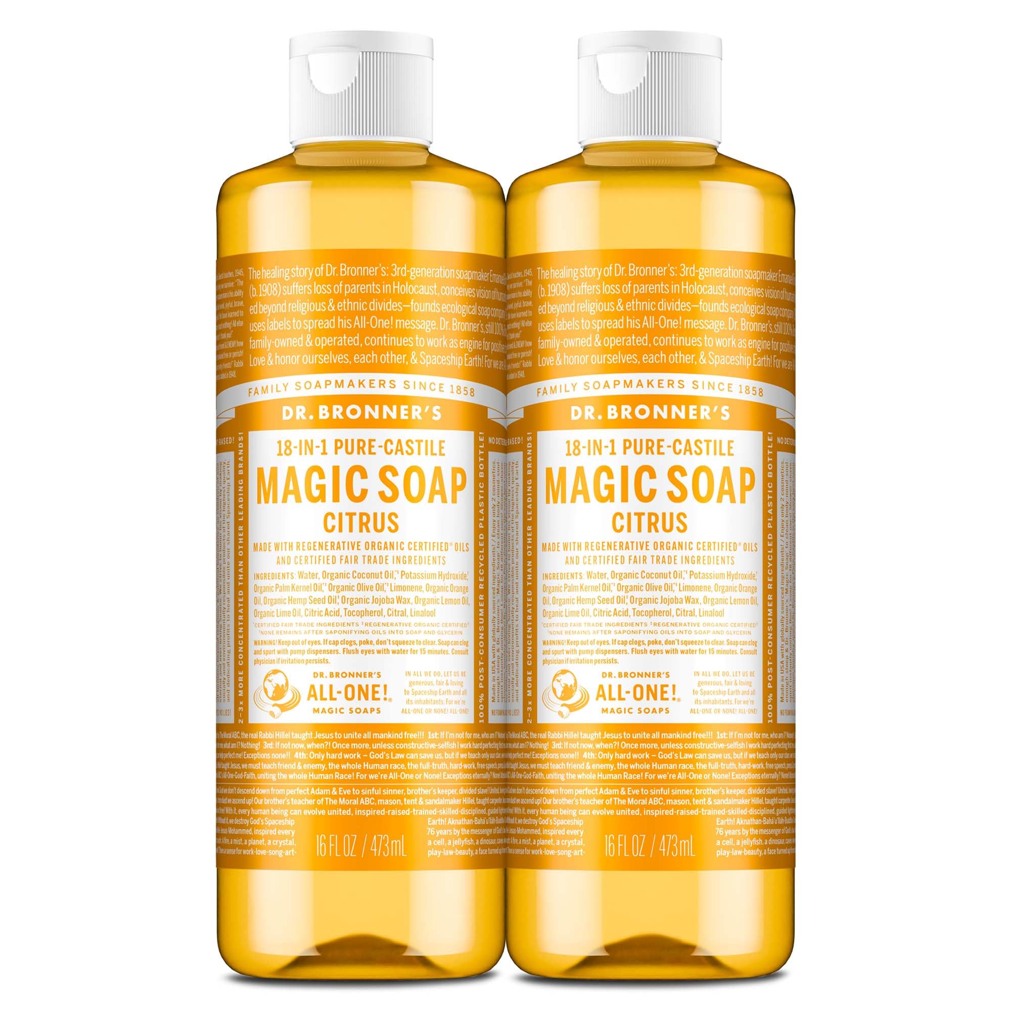 Dr. Bronner's Jabón de Castilla líquido cítrico en botella para piel y hogar.