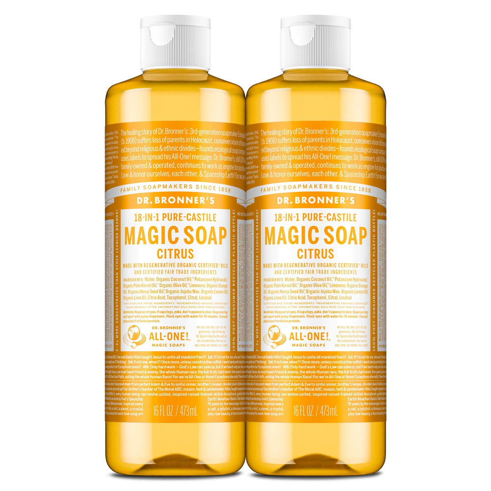 Dr. Bronner's Jabón de Castilla líquido cítrico en botella para piel y hogar.