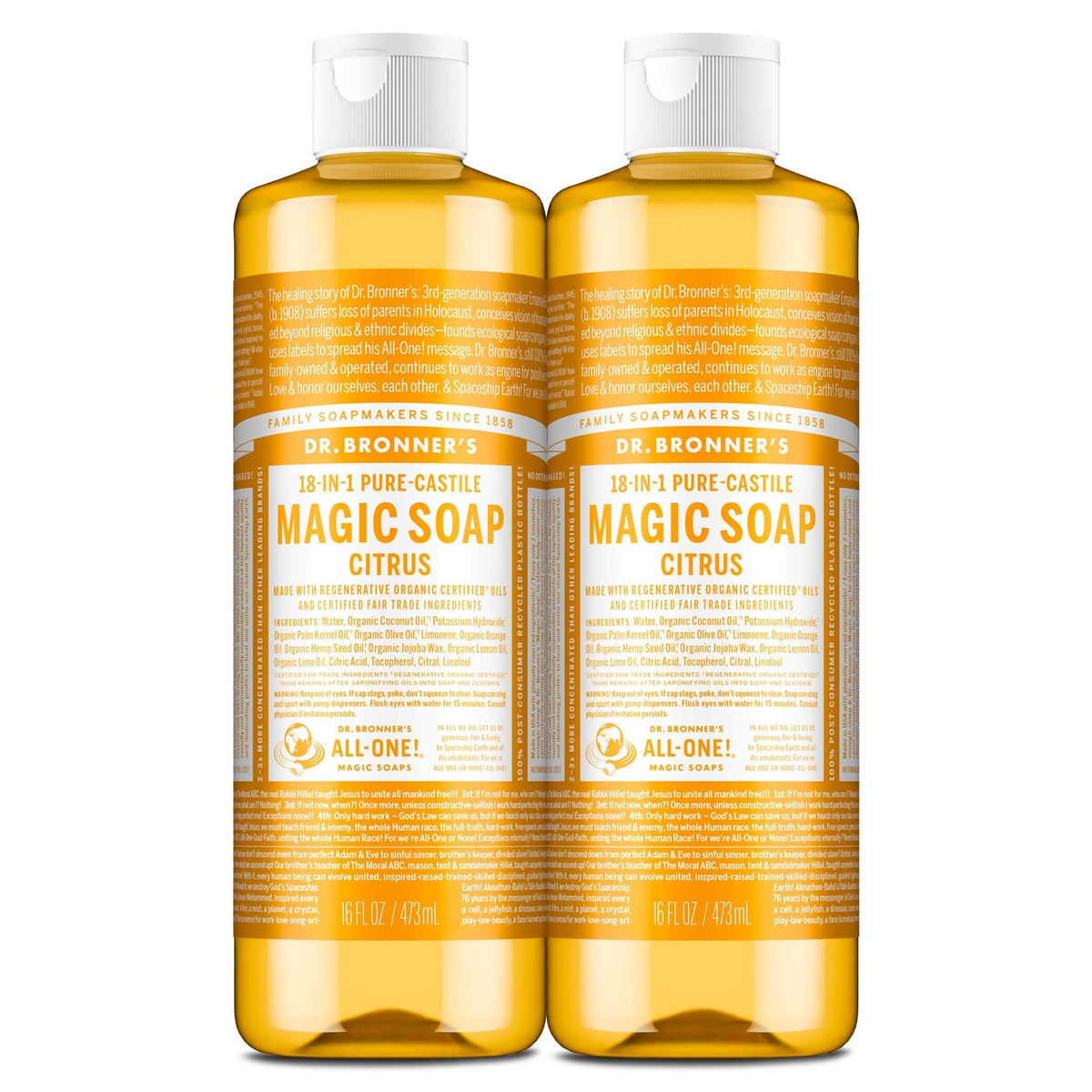 Dr. Bronner's Jabón de Castilla líquido cítrico en botella para piel y hogar.
