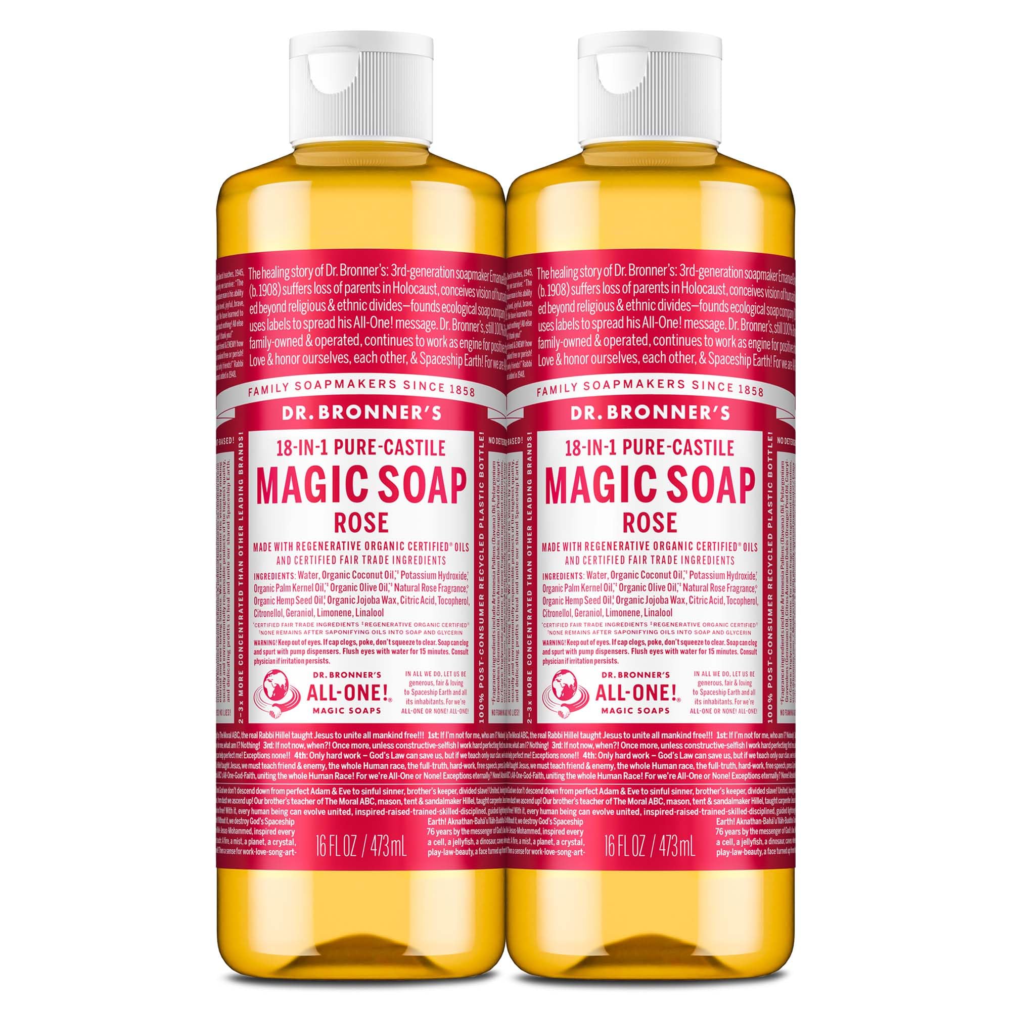 Dr. Bronner's Jabón de Castilla Rosa en botella, limpieza suave para piel y cuerpo.