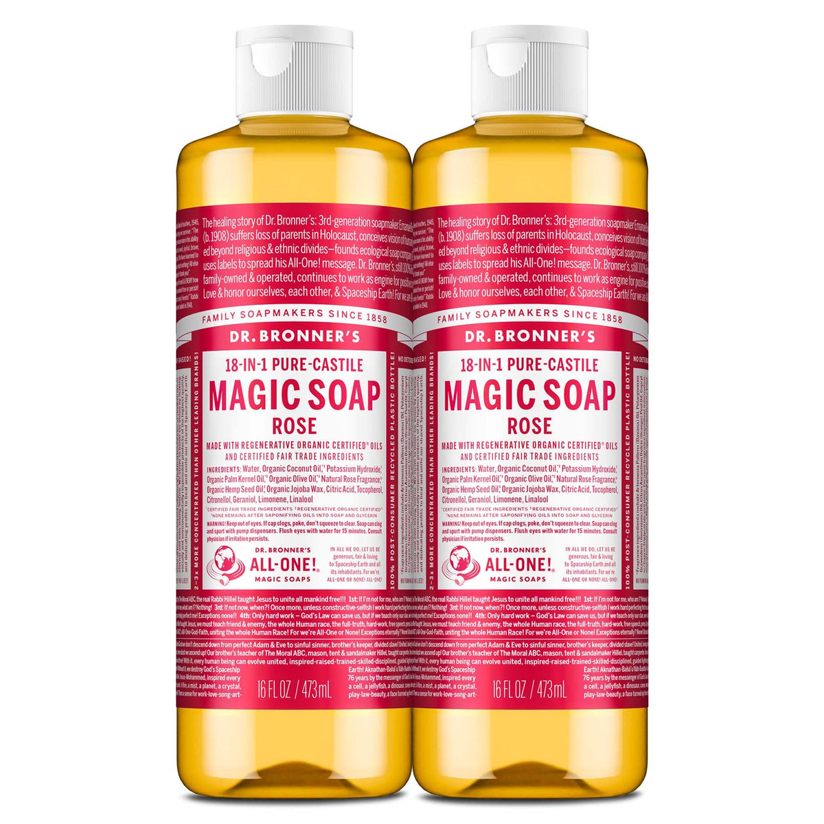 Dr. Bronner's Jabón de Castilla Rosa en botella, limpieza suave para piel y cuerpo.