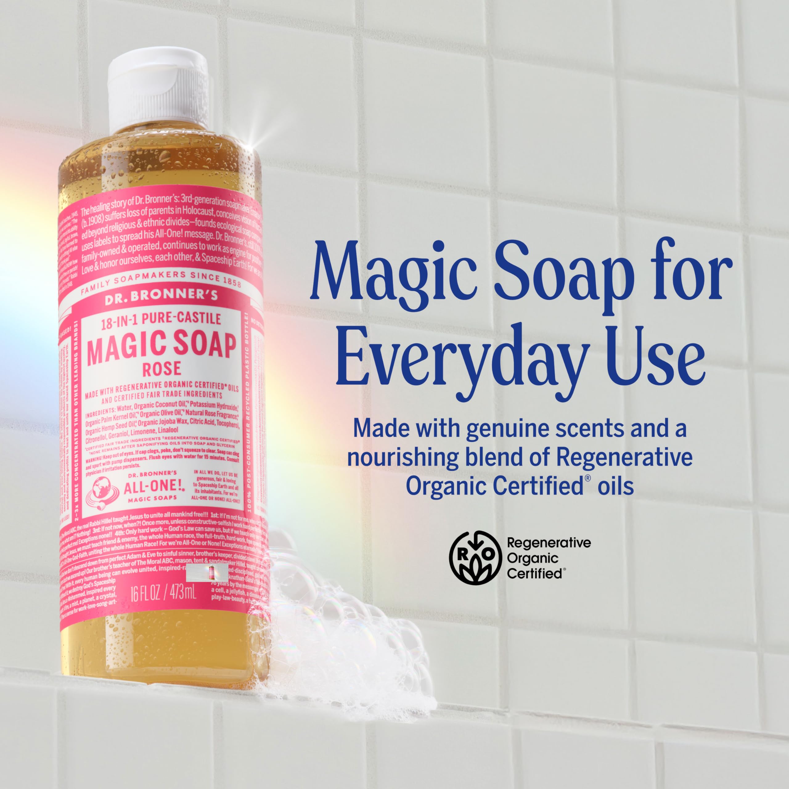 Dr. Bronner's Jabón de Castilla Rosa con dispensador, espuma abundante para lavado diario.