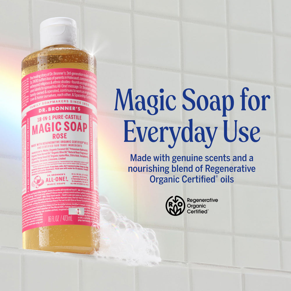 Dr. Bronner's Jabón de Castilla Rosa con dispensador, espuma abundante para lavado diario.