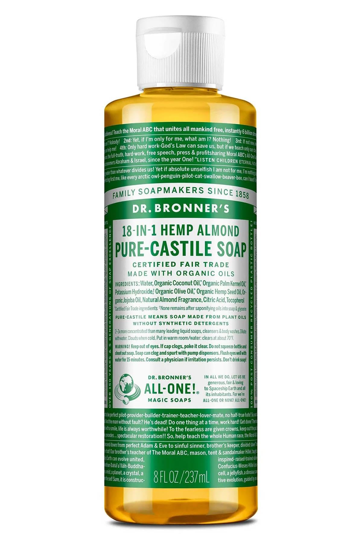 Dr. Bronner's Jabón Castile Almendra, botella visible, limpieza suave para cuerpo y manos.