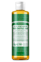 Dr. Bronner's Jabón Castile Almendra, botella visible, limpieza suave para cuerpo y manos.