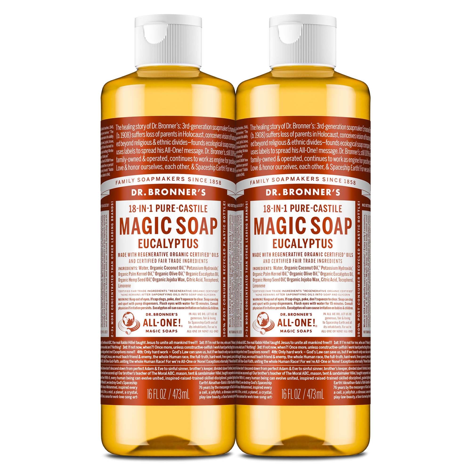 Dr. Bronner's jabon castile eucalipto, botella doble-paquete, uso versatil para hogar