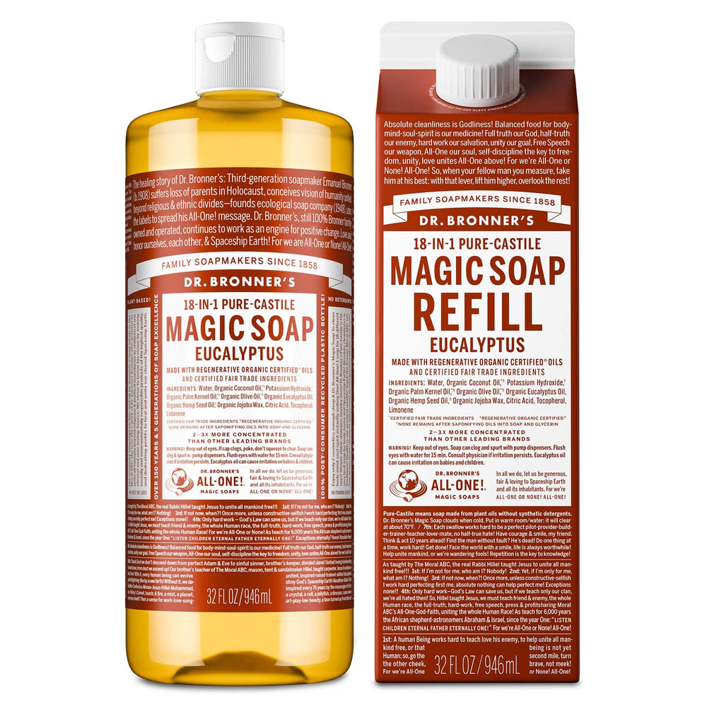 Dr. Bronner's jabón líquido castile eucalipto en botella, limpieza suave para piel.