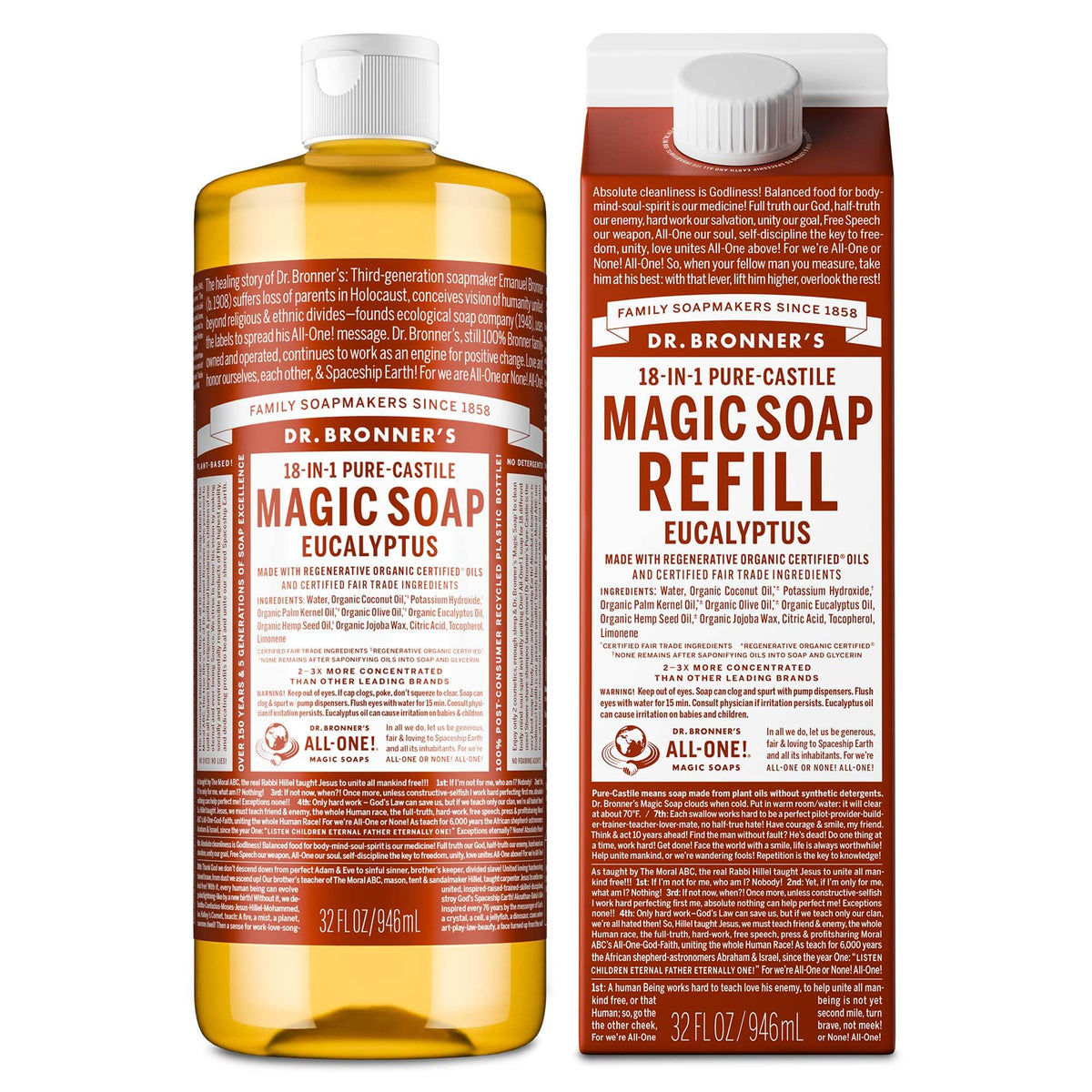 Dr. Bronner's jabón líquido castile eucalipto en botella, limpieza suave para piel.