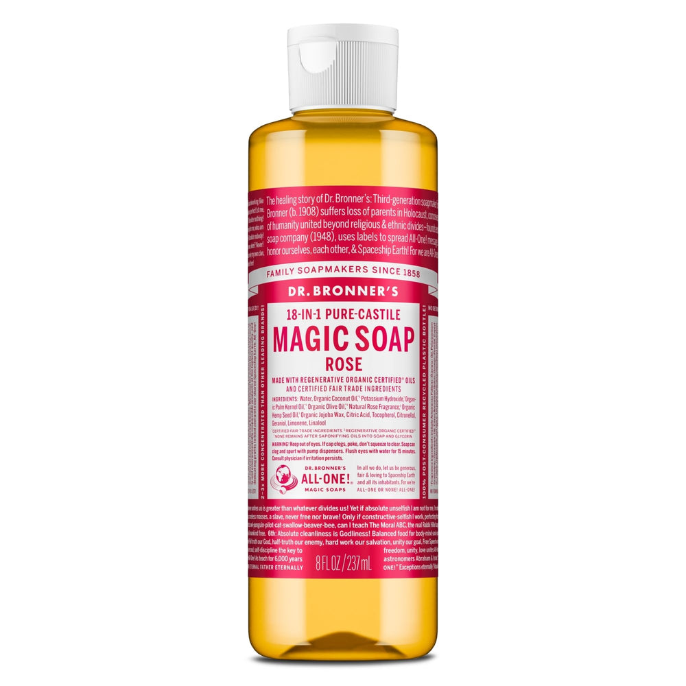 Dr. Bronner's Jabón líquido Castile Rosa para rostro y cuerpo, aroma floral suave.