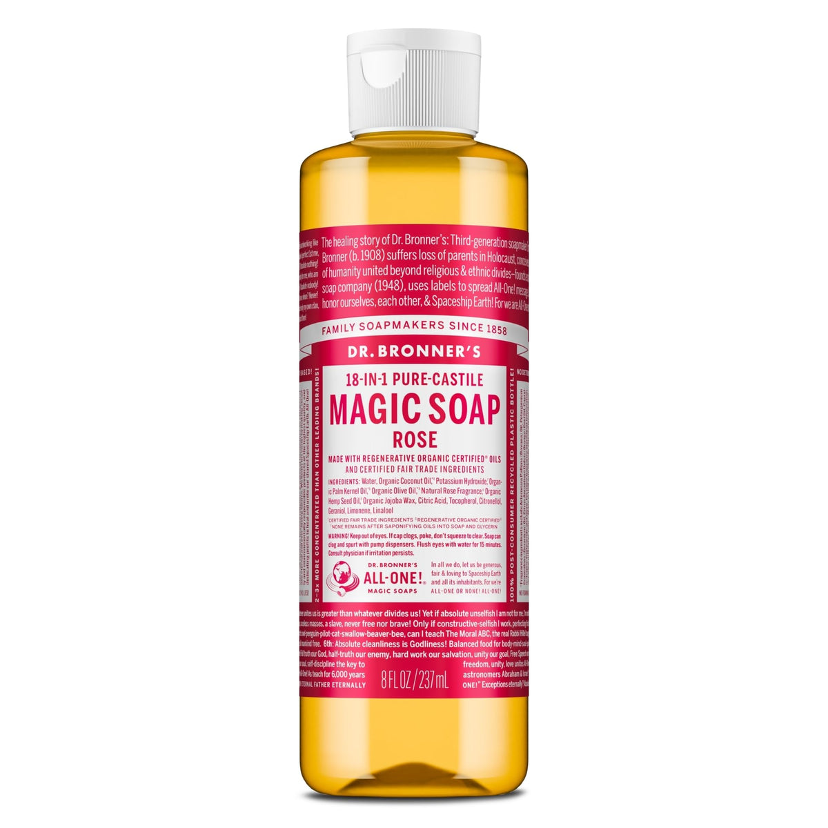 Dr. Bronner's Jabón líquido Castile Rosa para rostro y cuerpo, aroma floral suave.