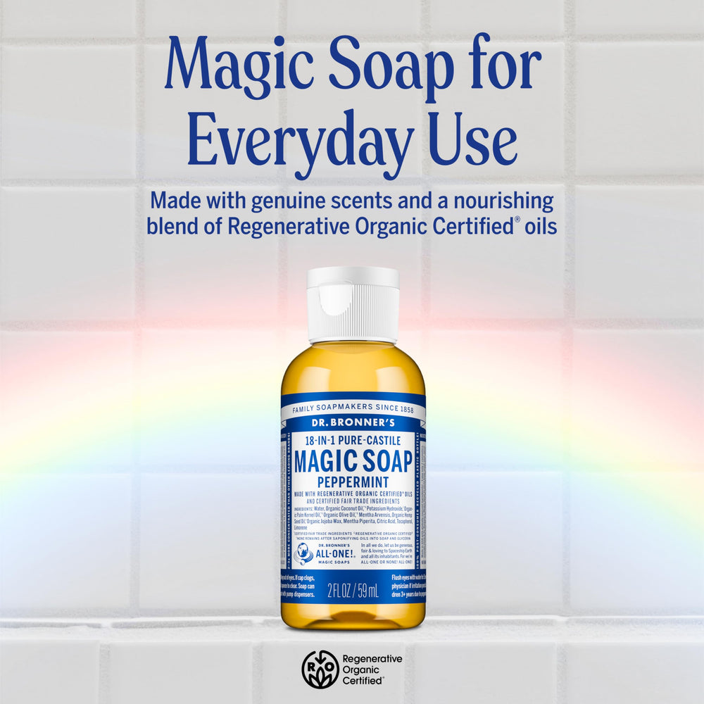Jabón líquido Pure-Castile de Dr. Bronner’s, espuma rica para piel suave.