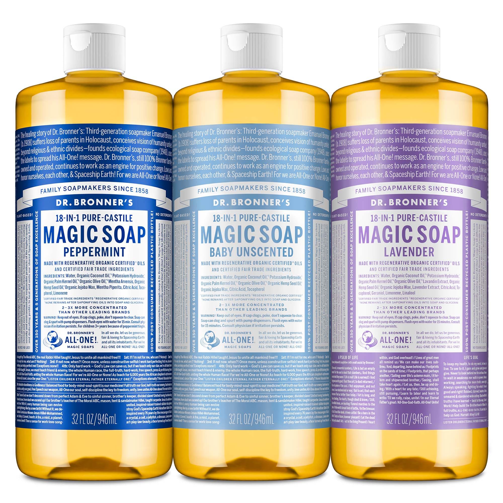 Dr. Bronner's Mentha, botella vertiendo, limpieza refrescante.