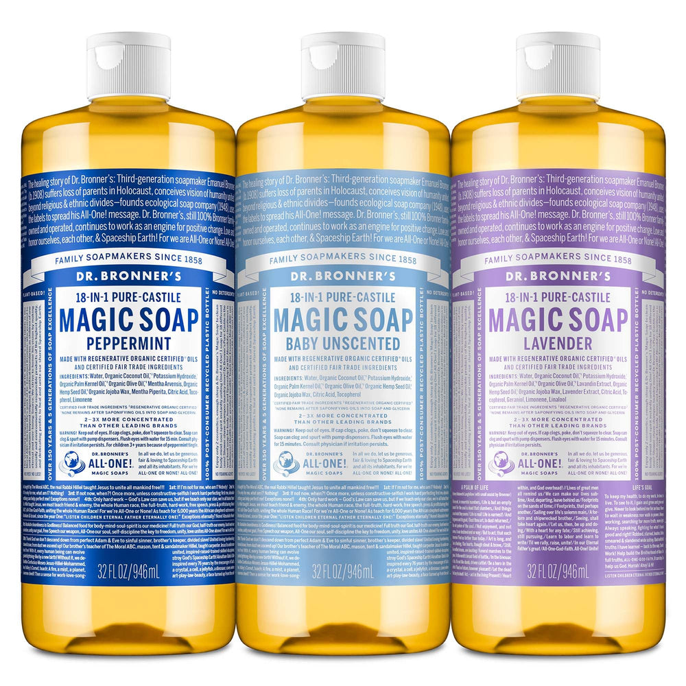 Dr. Bronner's Mentha, botella vertiendo, limpieza refrescante.