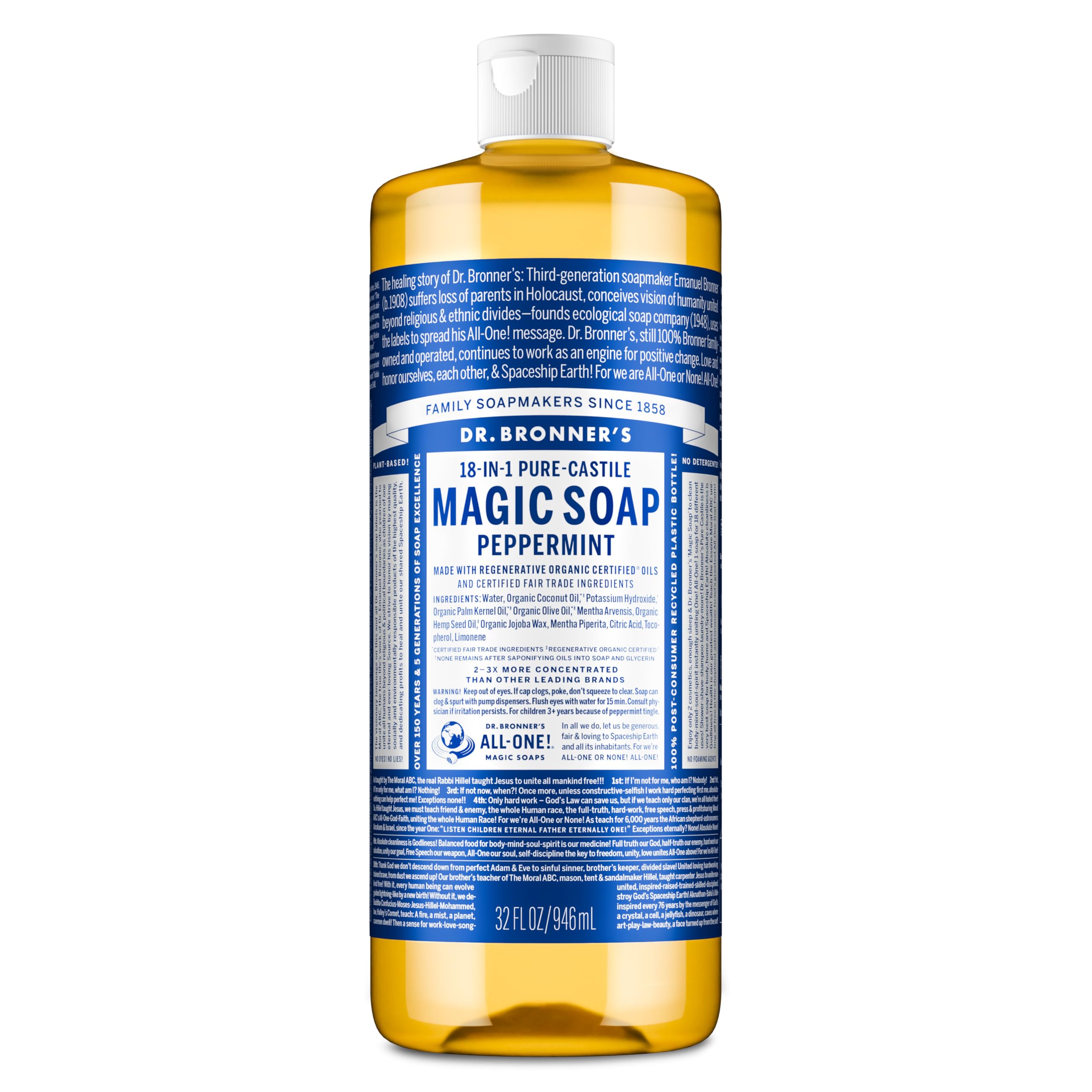 Dr. Bronner's Jabón líquido, chorro de la botella, limpieza diaria suave.