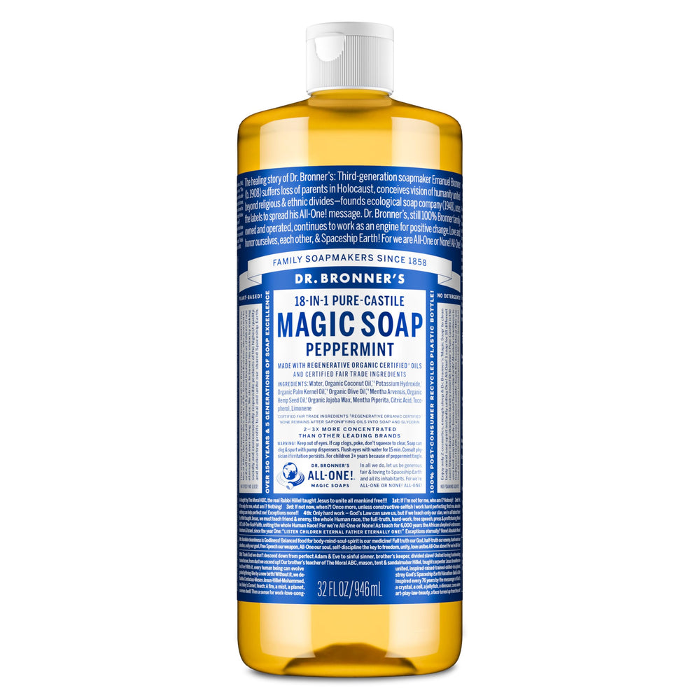 Dr. Bronner's Jabón líquido, chorro de la botella, limpieza diaria suave.
