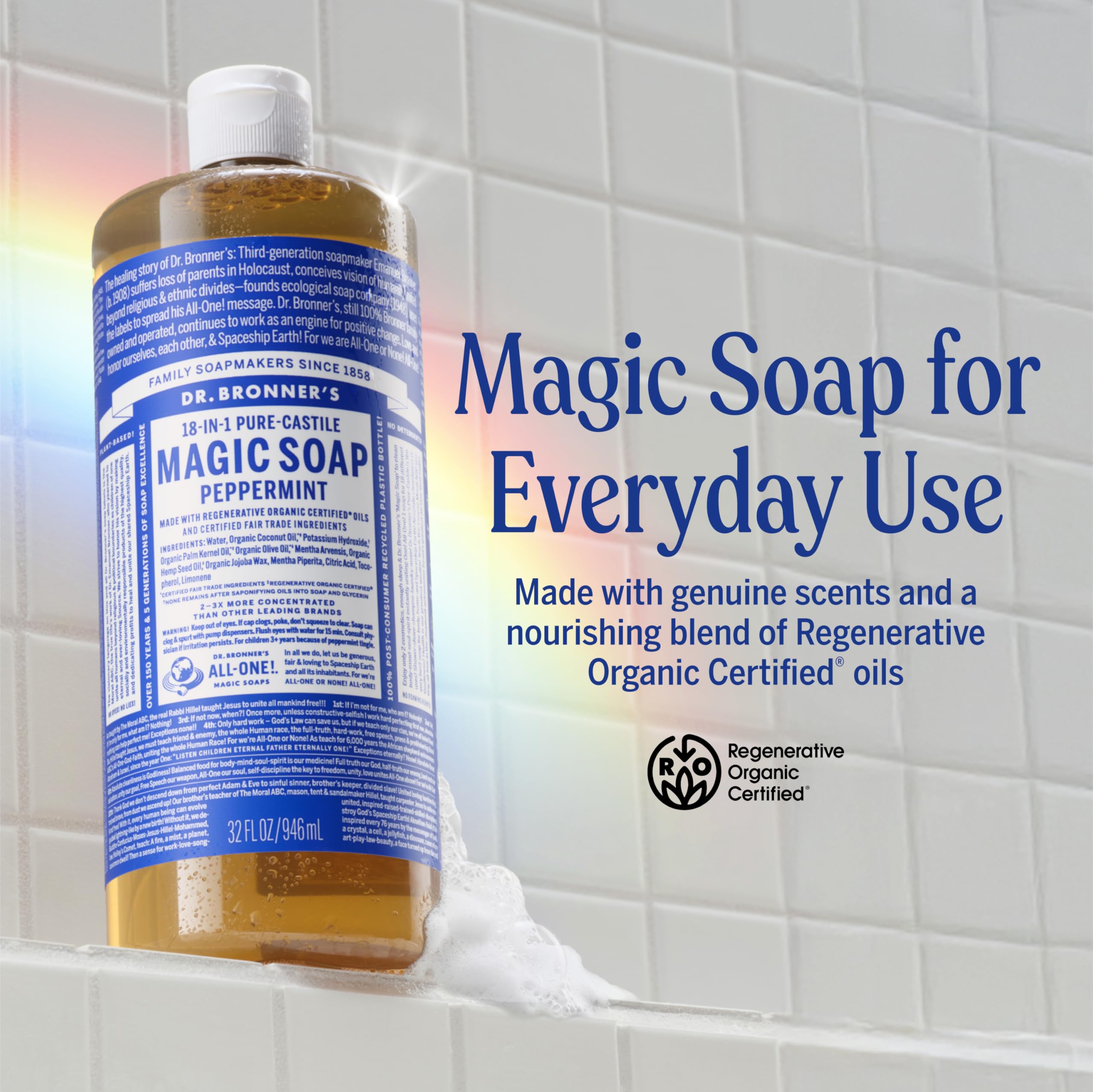 Dr. Bronner's Jabón líquido, espuma cremosa, sensación limpia y fresca.