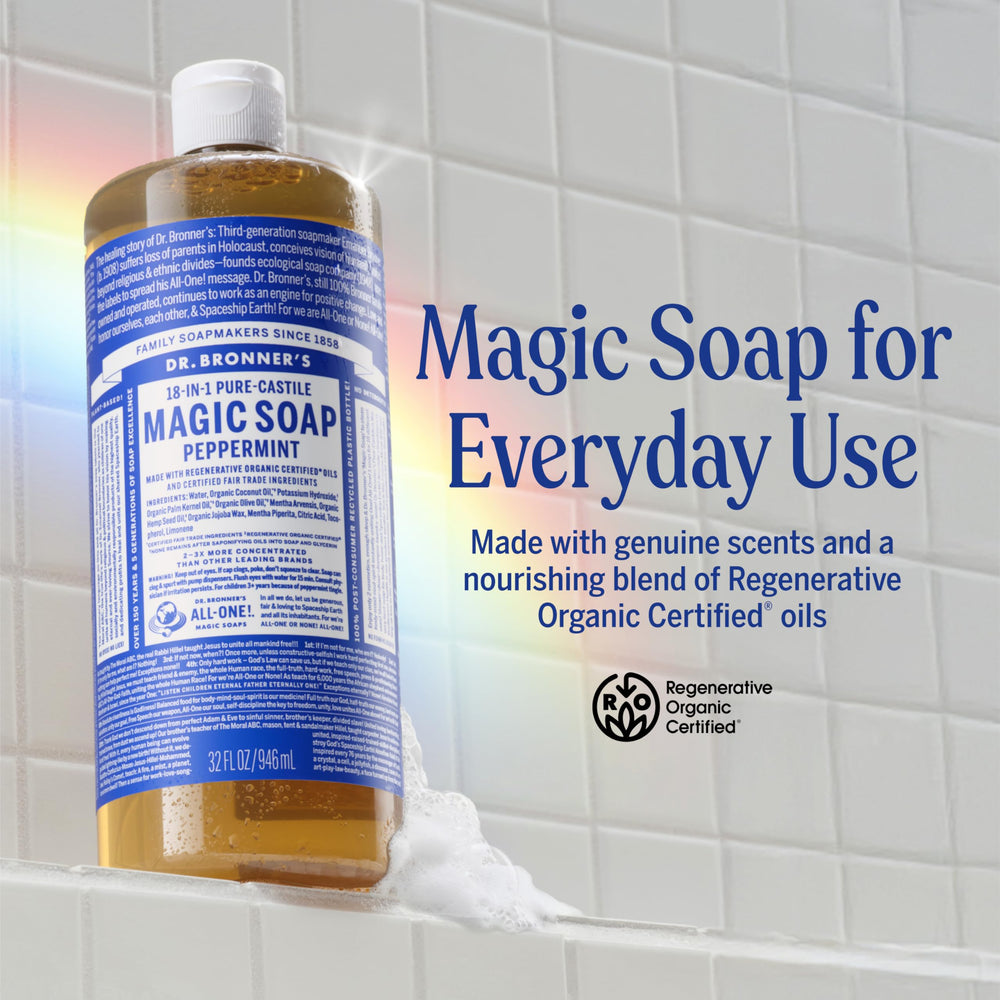 Dr. Bronner's Jabón líquido, espuma cremosa, sensación limpia y fresca.
