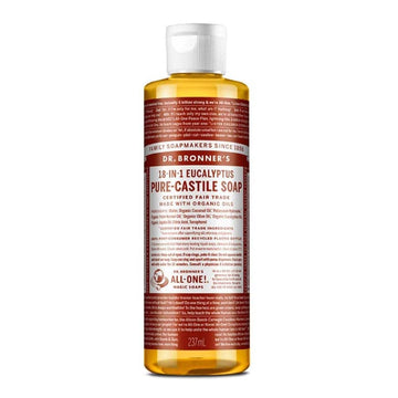 Dr. Bronner's jabon liquido puro castile eucalipto, botella vertida para limpieza multiusos.