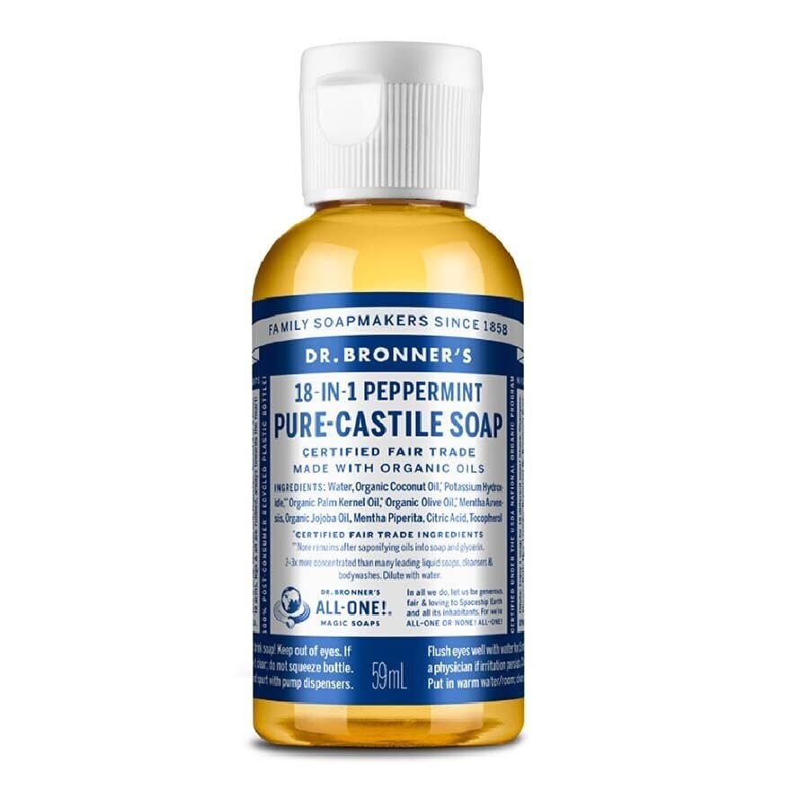 Jabón Pure-Castile de Dr. Bronner's con menta, tamaño viaje 2 oz, uso multiusos para piel y hogar