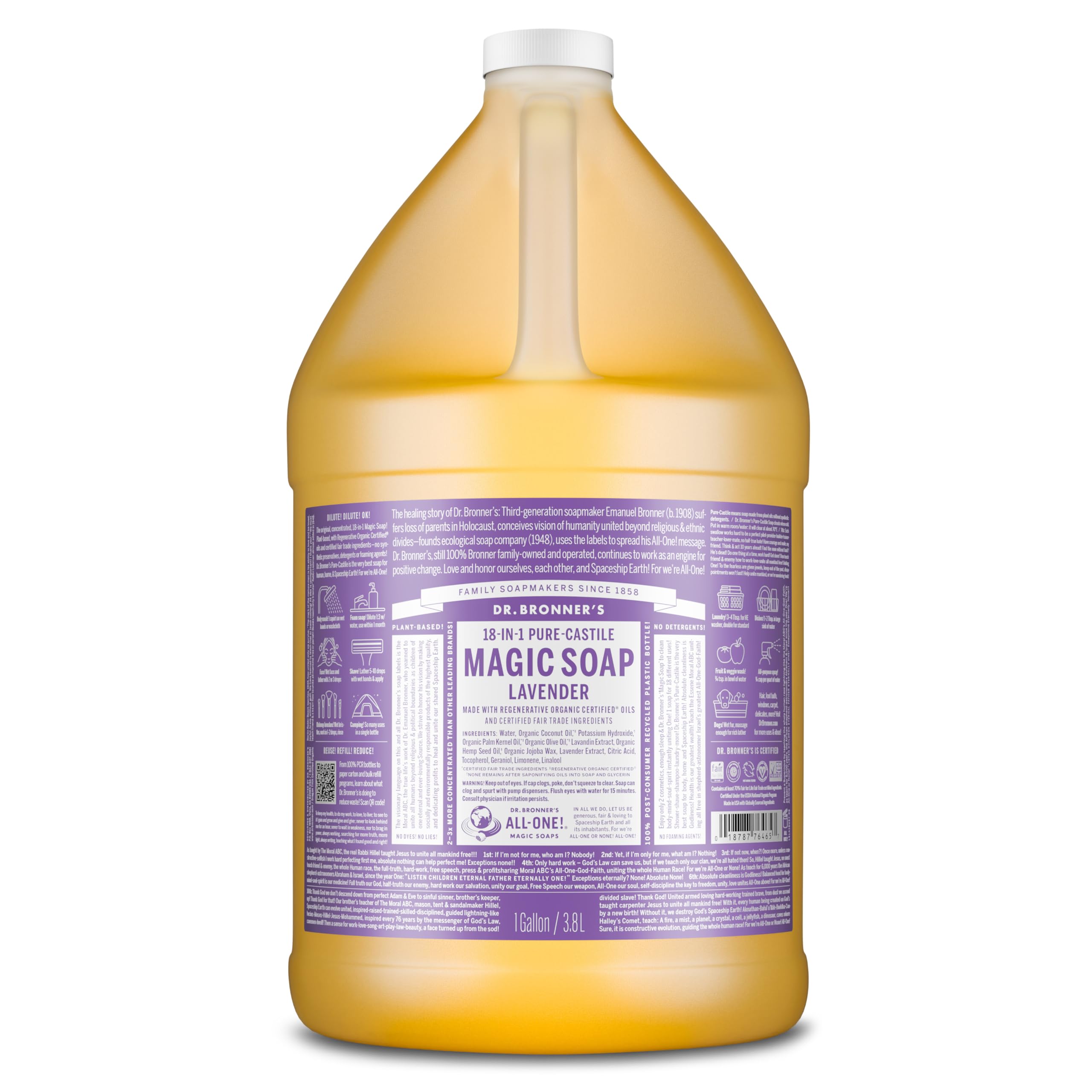Dr. Bronner's Lavanda: jabón líquido 1 galón, ideal para piel suave y uso diario.