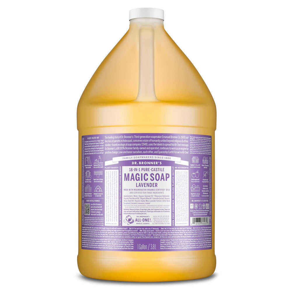 Dr. Bronner's Lavanda: jabón líquido 1 galón, ideal para piel suave y uso diario.