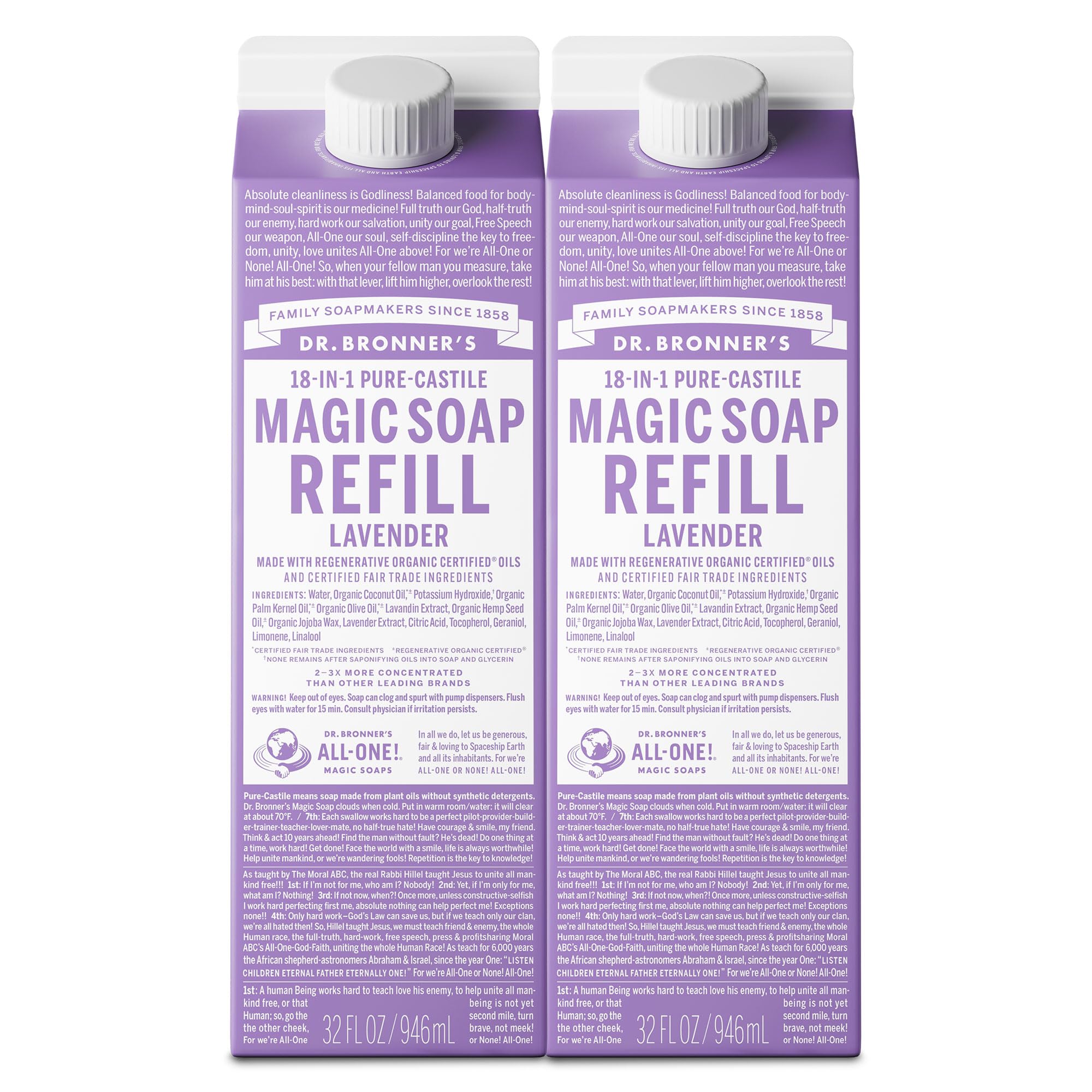 Dr. Bronner's Lavanda: jabón líquido recambio 32oz para cuerpo y hogar.