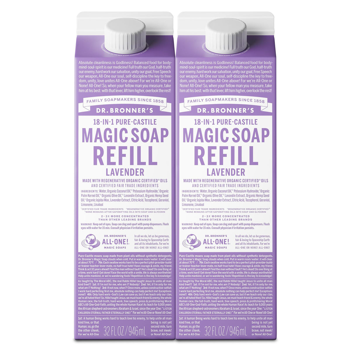 Dr. Bronner's Lavanda: jabón líquido recambio 32oz para cuerpo y hogar.