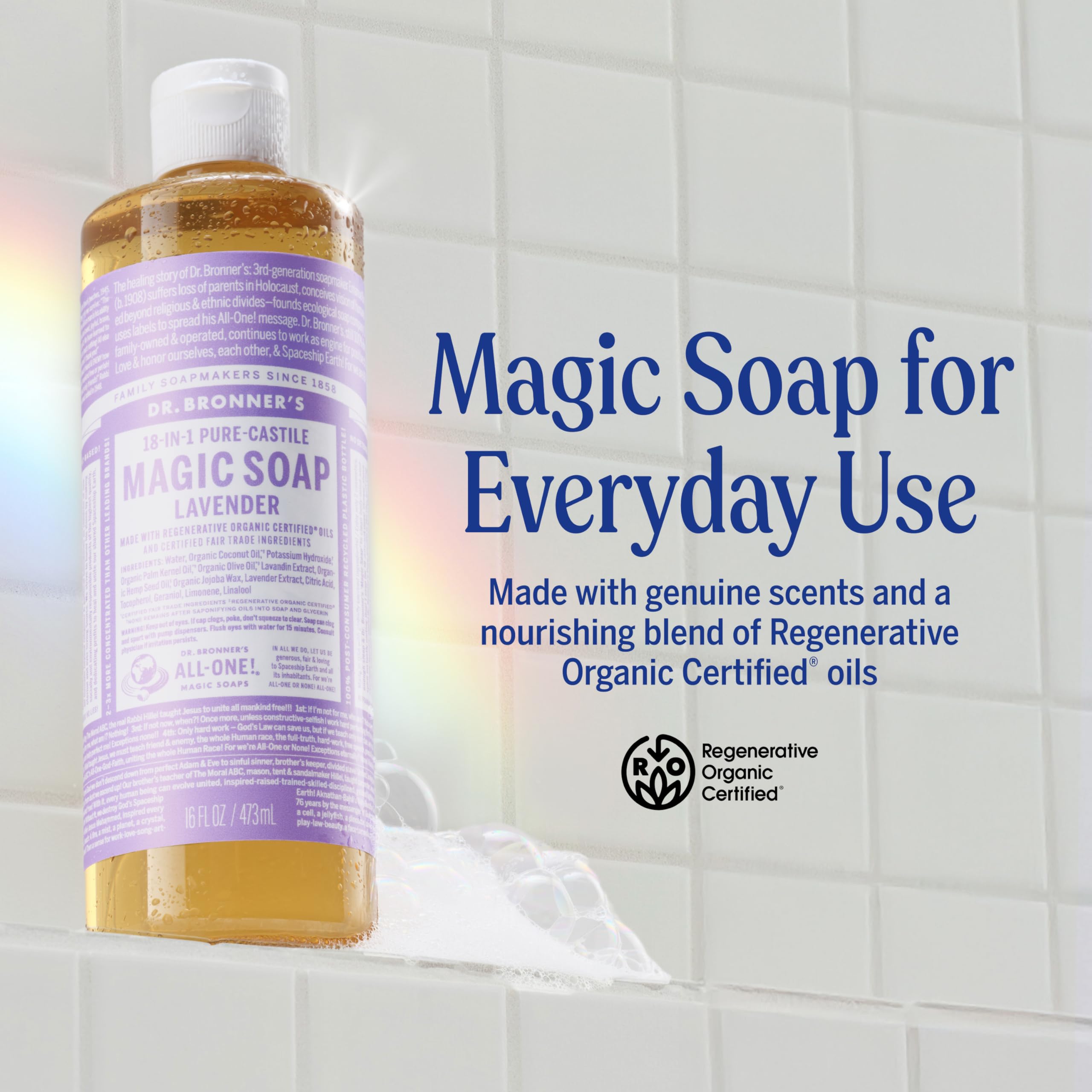 Dr. Bronner’s Lavande – mousse-riche: nettoie corps et cheveux en douceur.