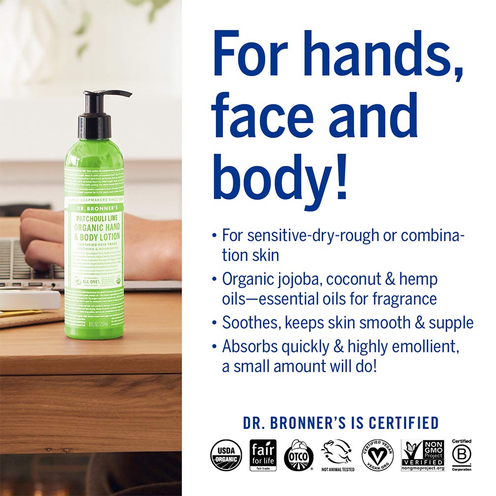 Dr. Bronner's Loción Orgánica Patchouli Lima, aplicación suave para manos, cara y cuerpo.