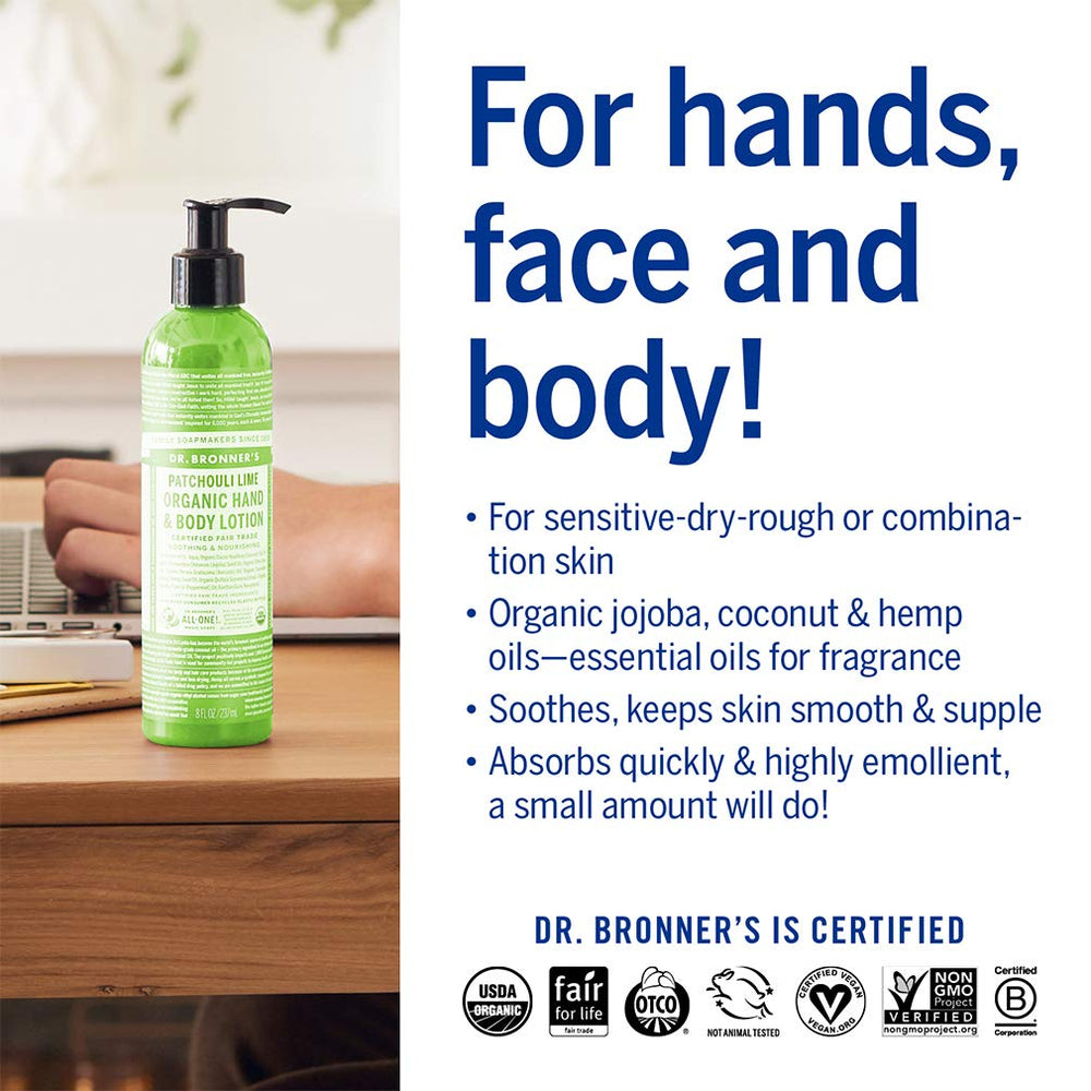 Dr. Bronner's Loción Orgánica Patchouli Lima, aplicación suave para manos, cara y cuerpo.