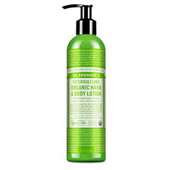 Dr. Bronner's Loción Orgánica Patchouli Lima en envase; hidratante diario para piel seca.