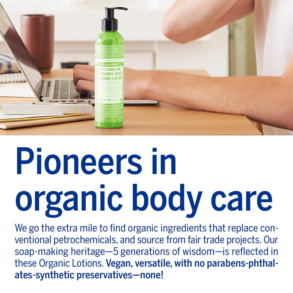 Dr. Bronner's Loción Orgánica Patchouli Lima, fragancia natural para uso diario.
