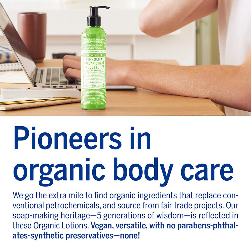 Dr. Bronner's Loción Orgánica Patchouli Lima, fragancia natural para uso diario.