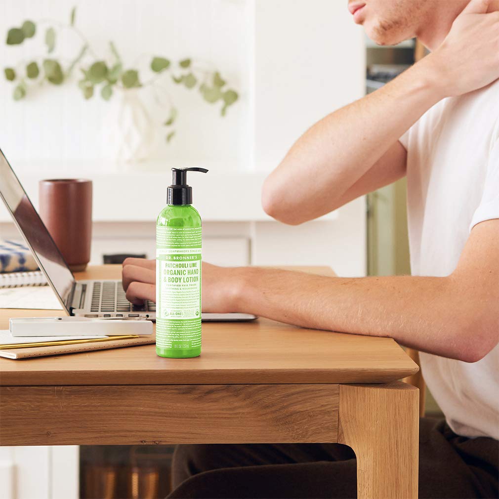 Dr. Bronner's Loción Orgánica Patchouli Lima, ingredientes orgánicos para piel nutrida.