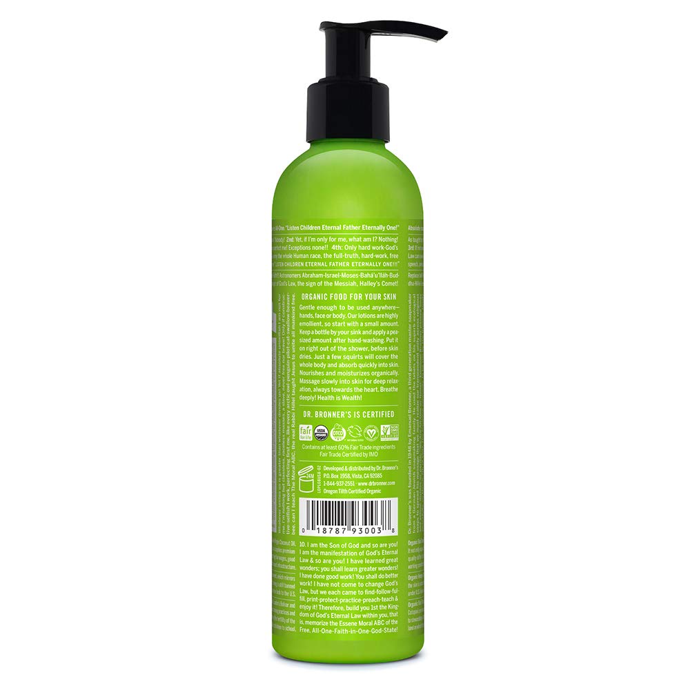 Dr. Bronner's Loción Orgánica Patchouli Lima, textura cremosa, suaviza manos y rostro.