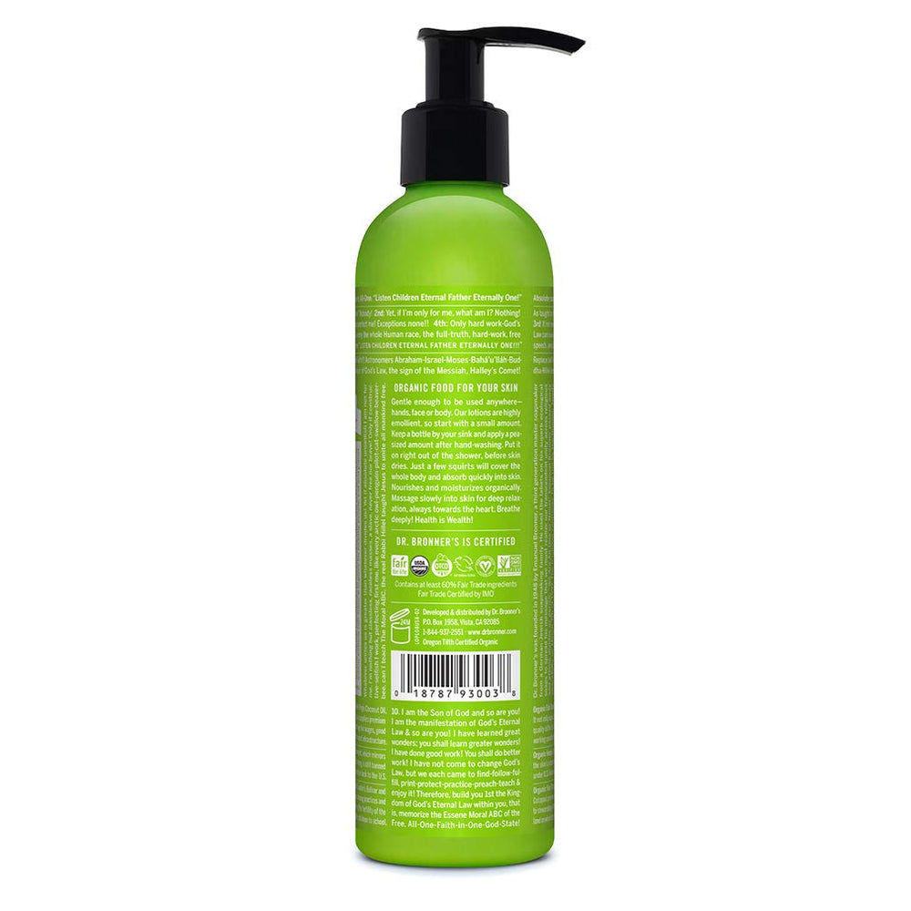 Dr. Bronner's Loción Orgánica Patchouli Lima, textura cremosa, suaviza manos y rostro.