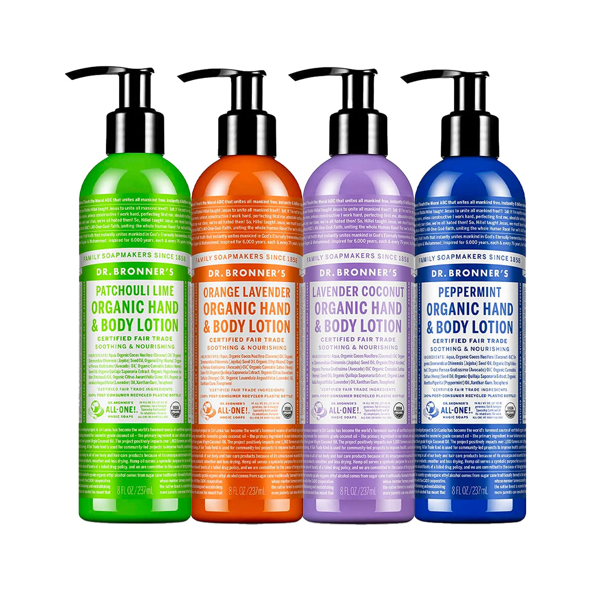 Dr. Bronner's loción orgánica variedad en paquete para piel suave.