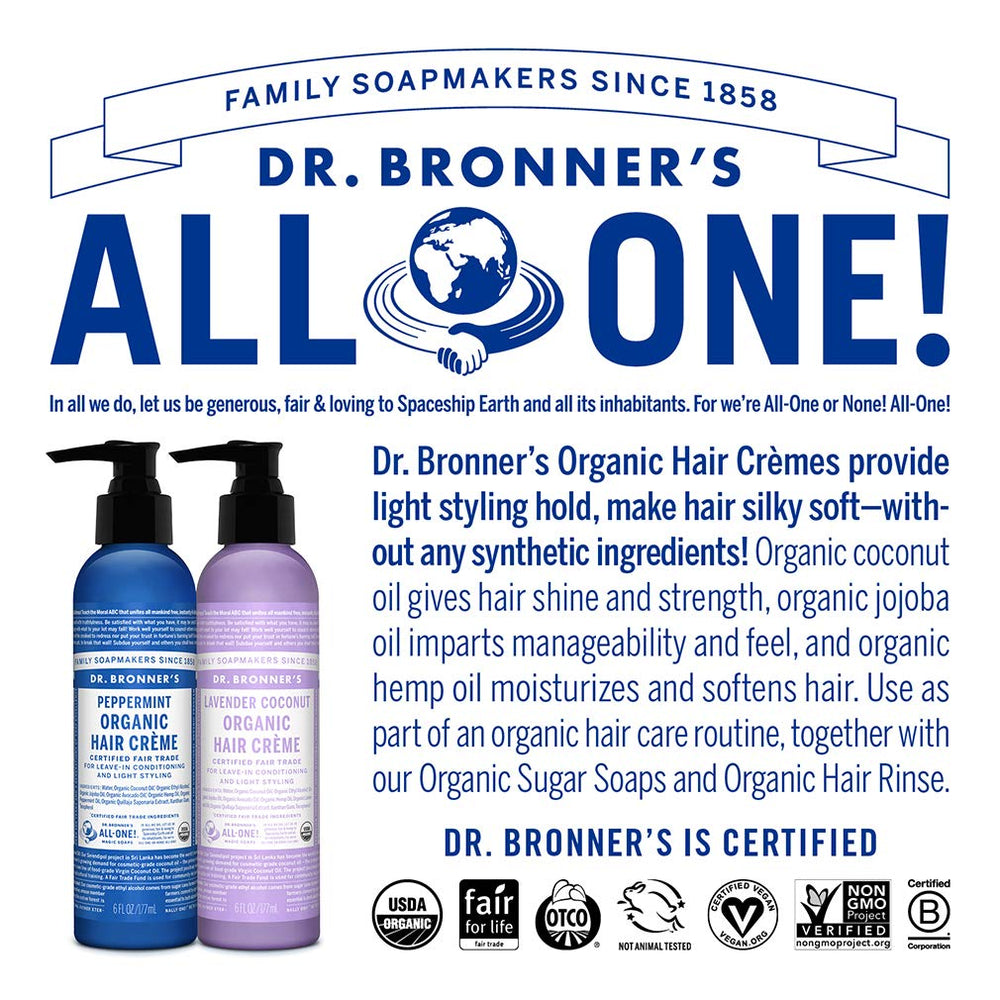 Cruelty-free logo beside Dr. Bronner's hair creme packaging.