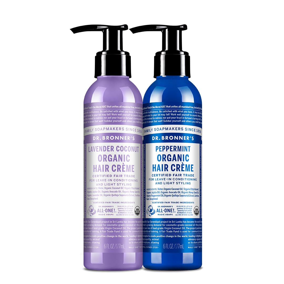 Dr. Bronner's Hair Crème en botella, brillo natural y manejo suave.