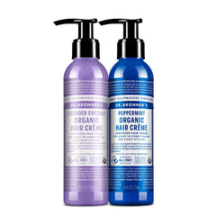Dr. Bronner's Hair Crème en botella, brillo natural y manejo suave.