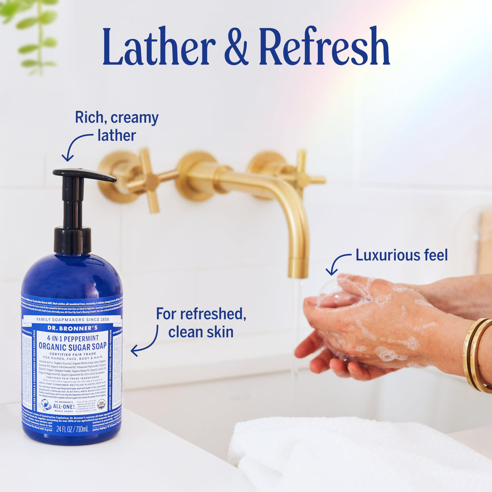 Dr. Bronner's Organic Sugar Soap lavanda, base de aceites vegetales para limpieza y humectación.