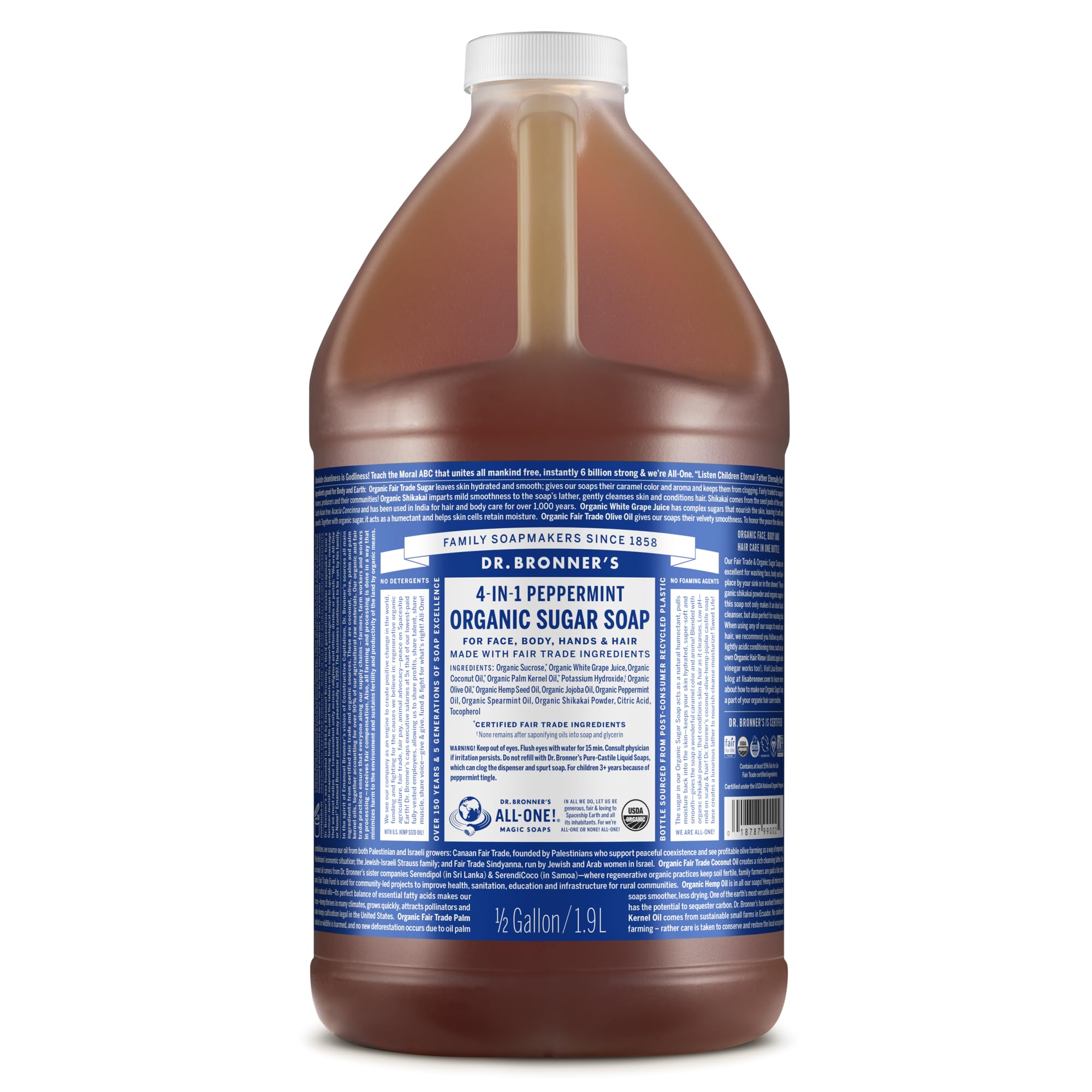 Dr. Bronner's Organic Sugar Soap lavanda en botella, hidratación suave para piel.