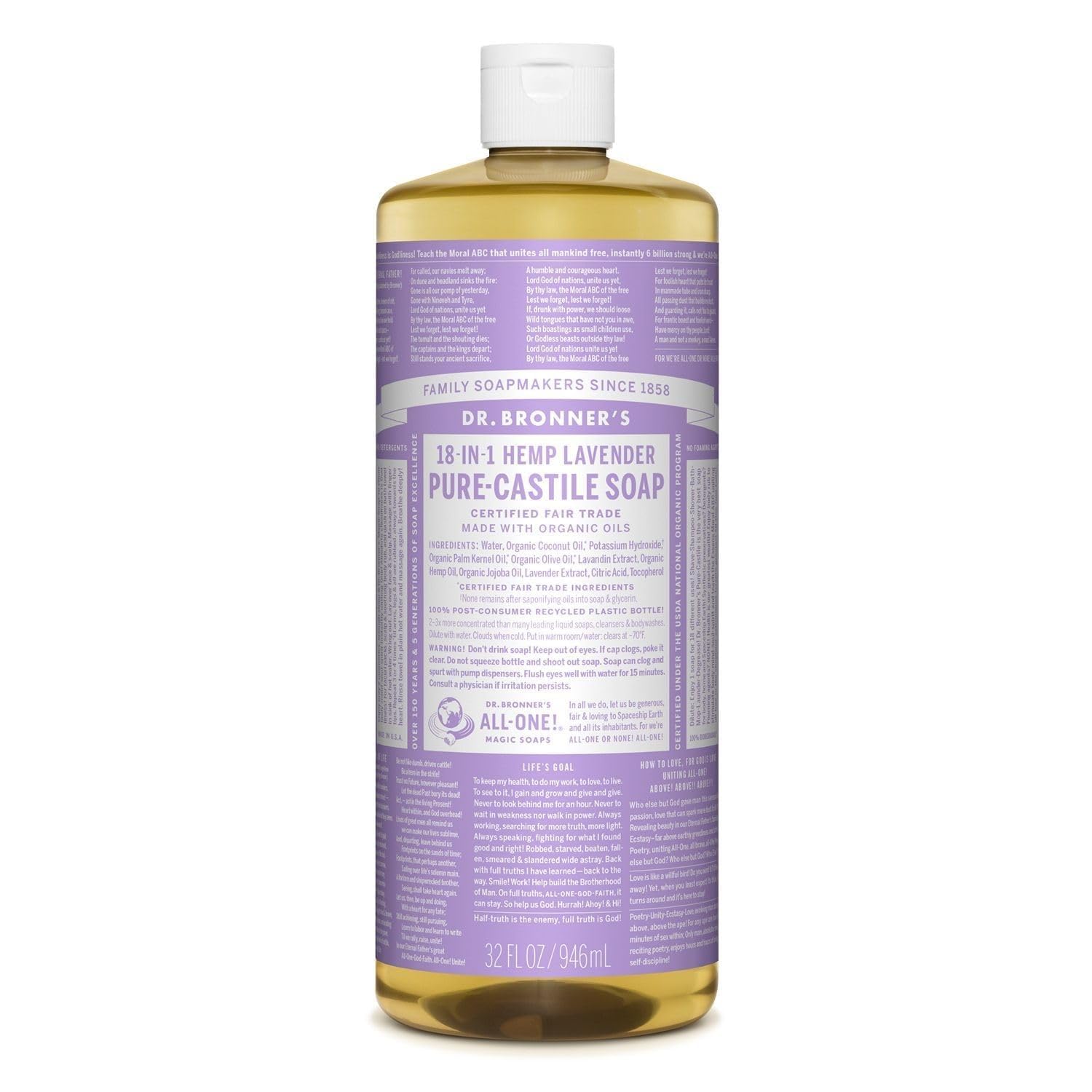 Dr. Bronner's Pure-Castile Lavanda: botella 32 oz para lavado de manos y limpieza general.