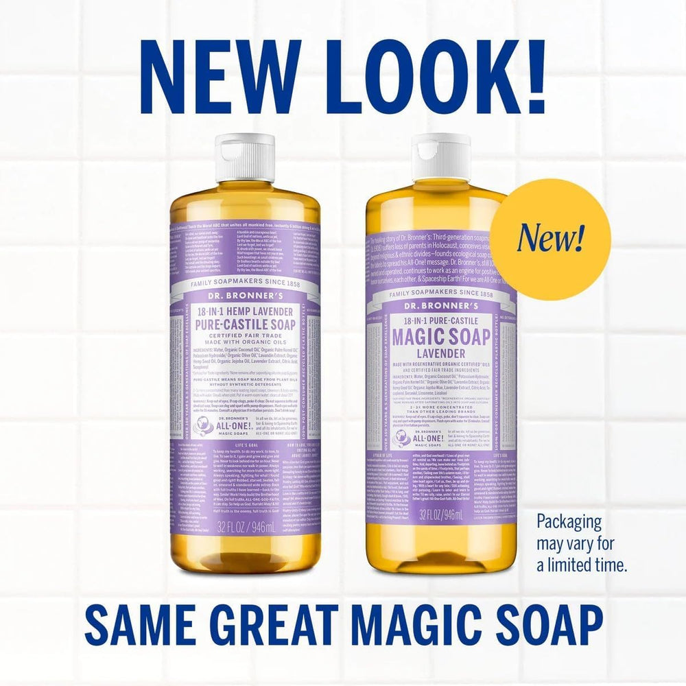 Dr. Bronner's Pure-Castile Lavanda: etiqueta visible con aroma suave de lavanda.