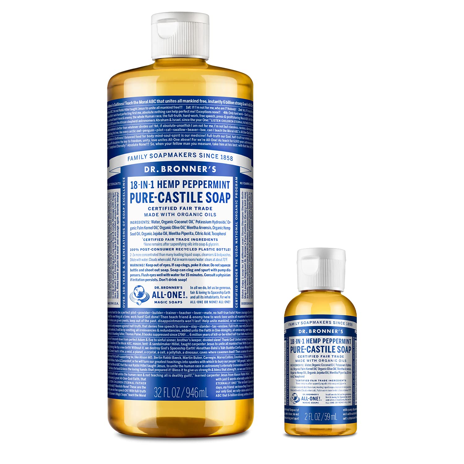 Dr. Bronner's Pure-Castile Menta, botella 32oz, jabón concentrado para uso diario