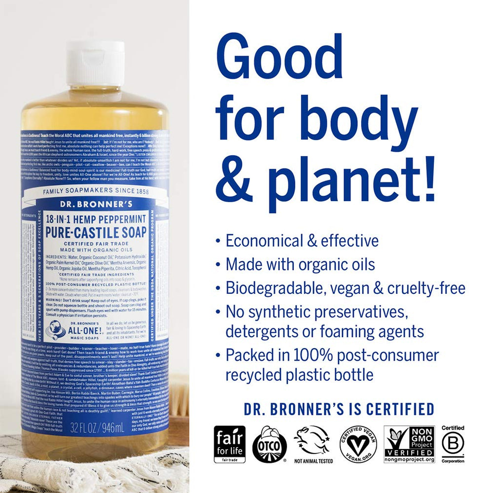 Dr. Bronner's Pure-Castile Menta, uso múltiple para cara, cuerpo y cabello
