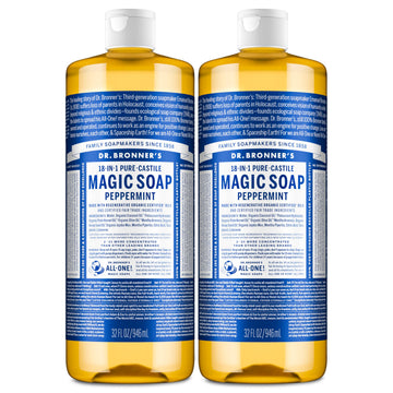 Dr. Bronner’s Puro-Castile Menta, botella en dos paquetes, usos versátiles.